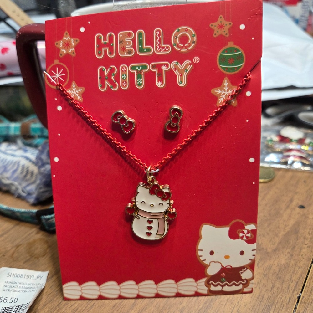 Hello Kitty Christmas Snowman Necklace Earrings Set Red‎ Bow Festive Jewelry 16"